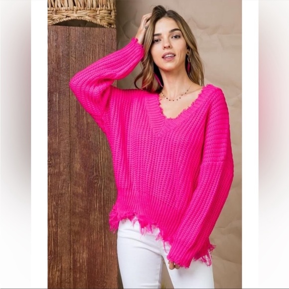 Main Strip Sweaters - Main strip NWT frayed distressed sweater hot pink Barbie sz lg